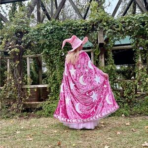 Pink Moon & Stars Wizard Cape + Hat – Adult Ren Faire Wear / Costume